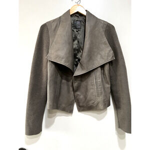 Joie Jevon Shawl open Leather Jacket Womens Mixed knit Media Olive Brown Sz-M
